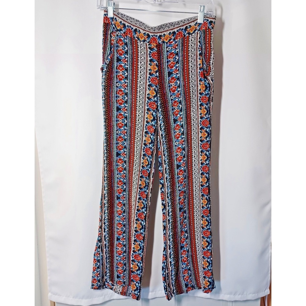 By & By Womens S Groovy Boho Floral Stripe Wide Leg Pants Rayon Elastic Waist